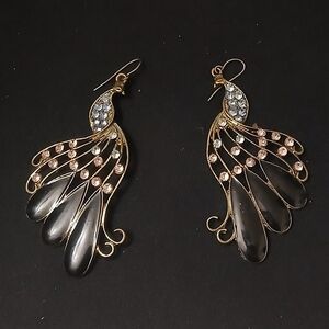 Vintage Gold Tone Peacock Earring With Pink And Blue Rhinestones